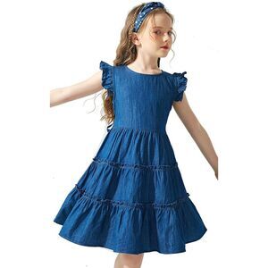 J.ESterguard Girls Denim Flutter Sleeve A-Line Ruffle Casual Dress - Sz 150/12